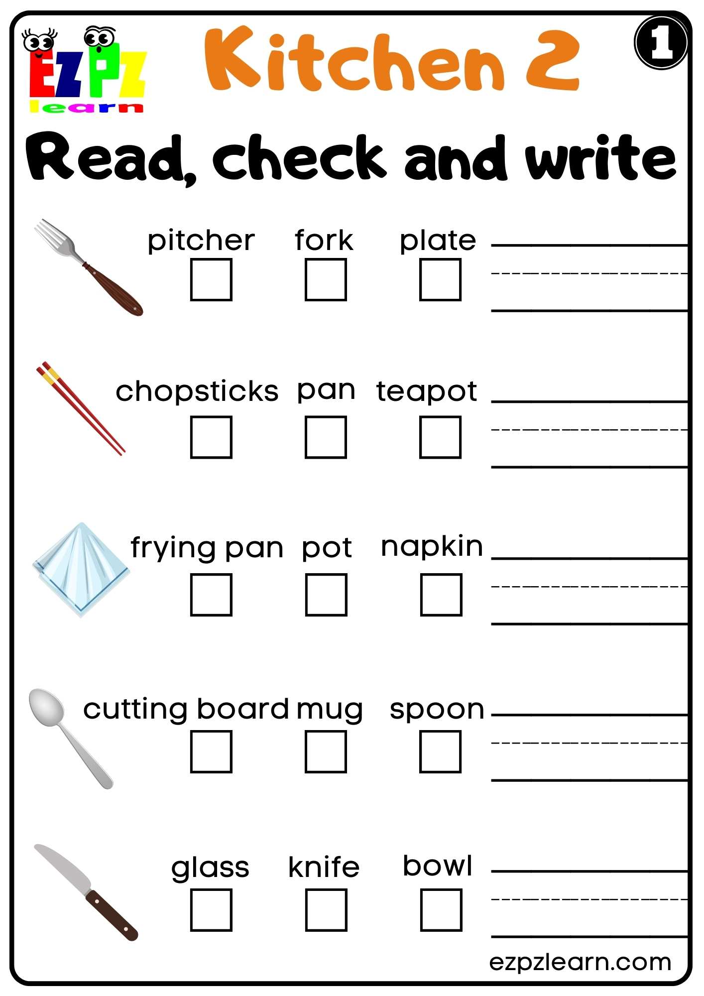 Kitchen Utensils Read Check And Write Worksheet For ESL And Homeschool 